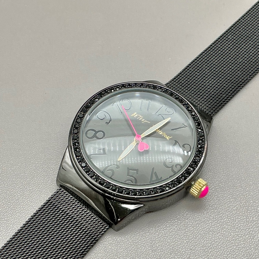 Betsey Johnson Watch Womens BJW125 Black Crystal Mesh Pink Heart Quartz 8.5"